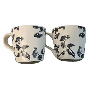 Set Of 2 Bee & Willow Coffee Mugs Blue Leaf Floral Over White Cream Excellent